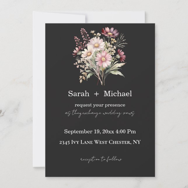 Invitación Black and White Spring Floral Wedding Invitation (Anverso)
