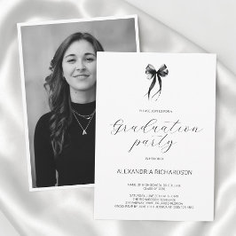 Invitación Black and White Stylish Bow Photo Graduation Party