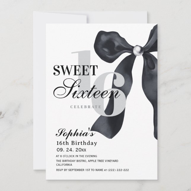 Invitación  Black and White Sweet 16 Birthday Party  (Anverso)
