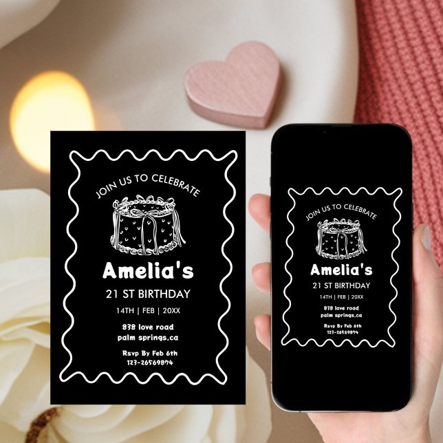 Invitación Black and white Wavy Birthday hand drawn cake (Subido por el creador)