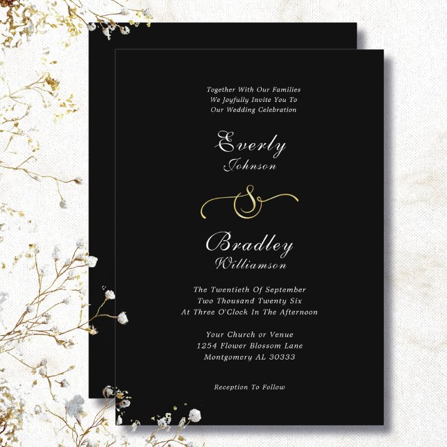 Invitación Black Background White Gold Minimal Chic Wedding (Subido por el creador)