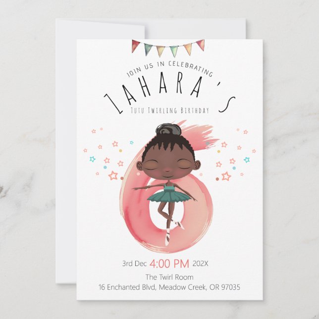 Invitación Black Ballerina 6th Birthday (Anverso)