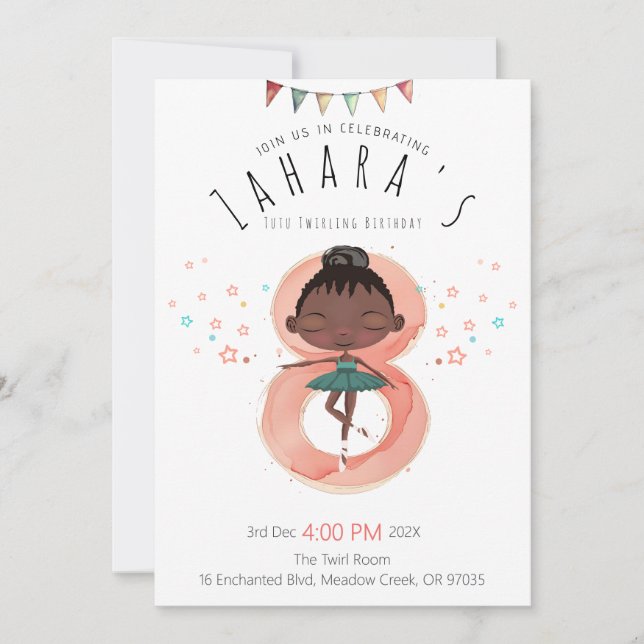 Invitación Black Ballerina 8th Birthday (Anverso)