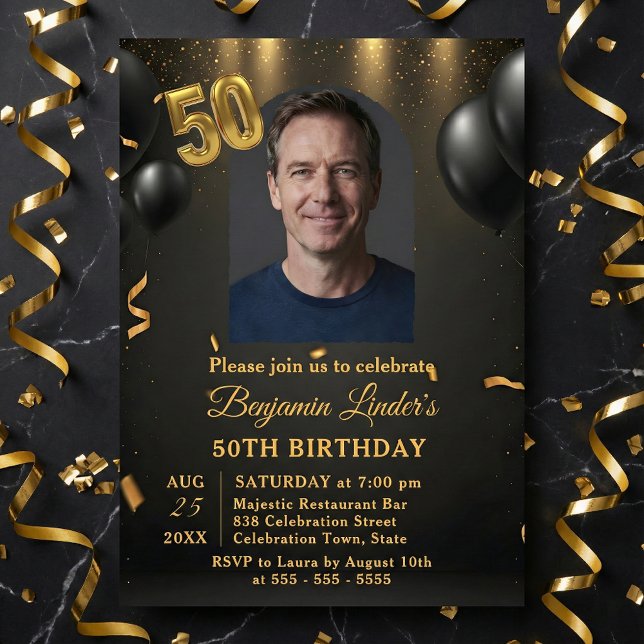 Invitación Black Balloons & Gold Confetti Photo 50th Birthday (Subido por el creador)