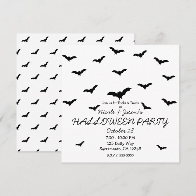 Invitación Black Bats & White Cute Halloween Party (Anverso / Reverso)