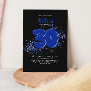 Invitación Black Blue 30th Balloons Confetti Adultos cumpleañ