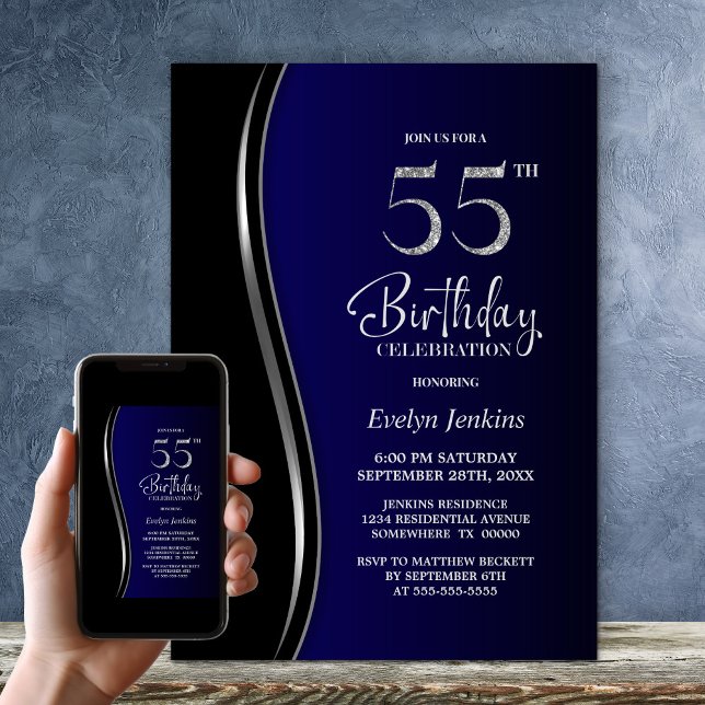 Invitación Black Blue 55th Birthday Party (Subido por el creador)