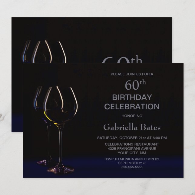 Invitación Black Blue 60 Birthday Wine Glass Fiesta (Anverso / Reverso)
