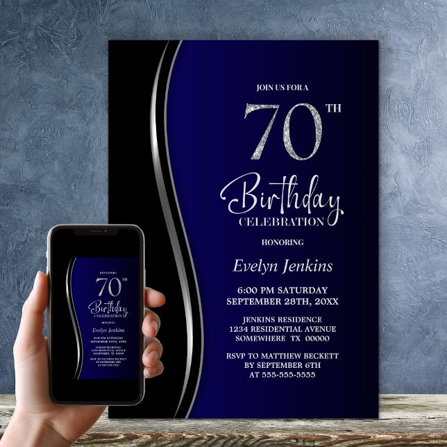 Invitación Black Blue 70th Birthday Party (Subido por el creador)