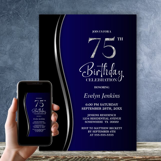 Invitación Black Blue 75th Birthday Party (Subido por el creador)