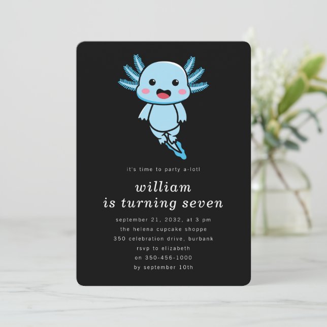 Invitación Black Blue Axolotl Birthday Party (Anverso de pie)