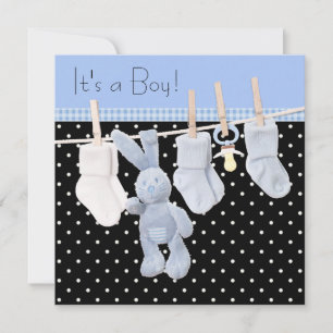 Invitación Black Blue Clothline Baby Boy Shower