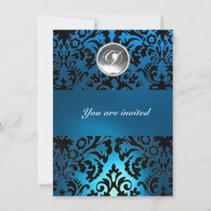 Invitación BLACK & BLUE DAMASK GEM STONE MONOGRAM blanco