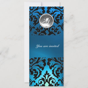 Invitación BLACK & BLUE DAMASK GEM STONE MONOGRAM blanco