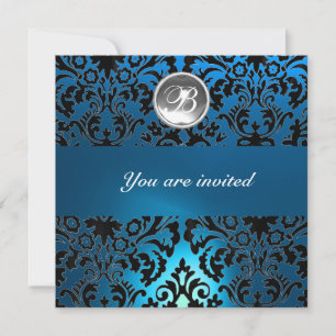 Invitación BLACK & BLUE DAMASK GEM STONE MONOGRAM blanco