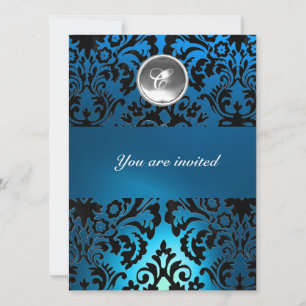 Invitación BLACK & BLUE DAMASK GEM STONE MONOGRAM blanco