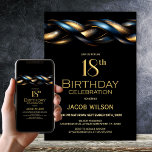 Invitación Black Blue Gold 18th Birthday Party<br><div class="desc">Invite a sus amigos y seres queridos a cumplir 18 años con esta moderna invitación de fiesta de cumpleaños. El área de texto de personalizable de esta plantilla de invitación le permite incluir sin esfuerzo todos los detalles necesarios para su celebración especial de cumpleaños, incluyendo la fecha, hora, lugar e...</div>