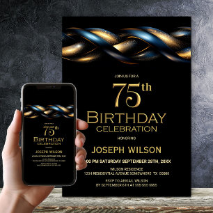 Invitación Black Blue Gold 75th Birthday Party