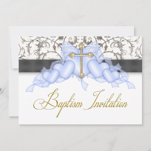 Invitación Black Blue Gold Cross Boys Blue First Communiation (Anverso)