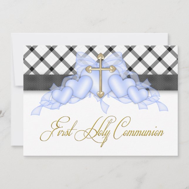 Invitación Black Blue Gold Cross Boys Blue First Communiation (Anverso)