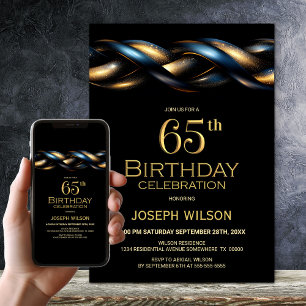 Invitación Black Blue Gold Fiesta de cumpleaños número 65