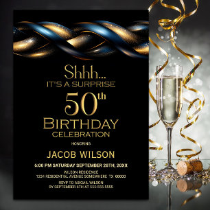 Invitación Black Blue Gold Surprise Fiesta de los 50 Años