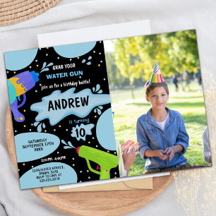 Invitación Black Blue Green Photo Water Gun Cumpleaños