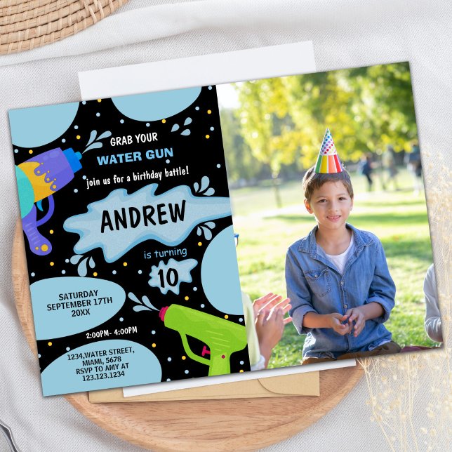 Invitación Black Blue Green Photo Water Gun Cumpleaños (Black Blue Green Photo Water Gun Birthday Invitation)