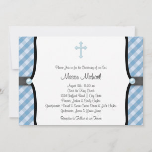 Invitación Black Blue Pearl Cross Blue Gingham Christening