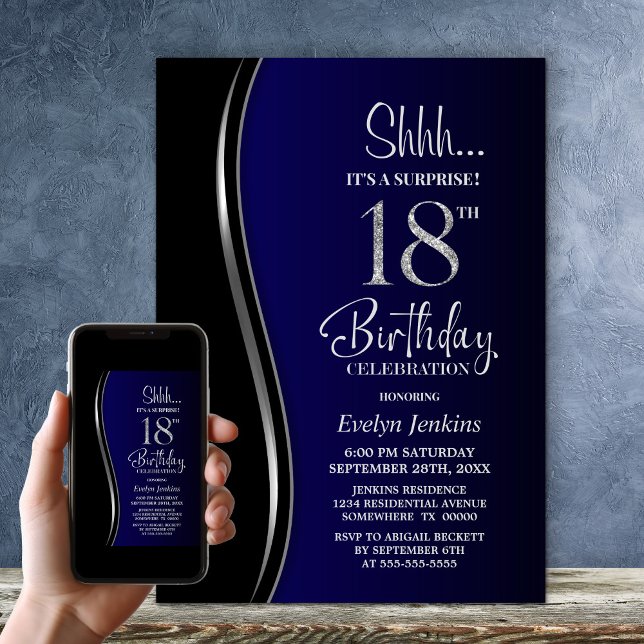Invitación Black Blue Surprise 18º cumpleaños (Subido por el creador)