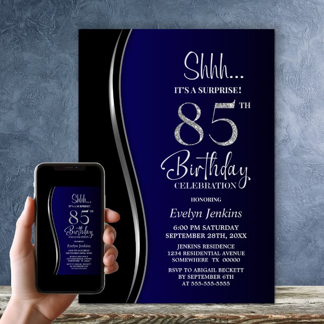 Invitación Black Blue Surprise Cumpleaños 85 (Subido por el creador)