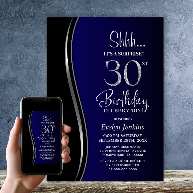 Invitación Black Blue Surprise cumpleaños número 30 (Subido por el creador)