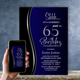 Invitación Black Blue Surprise cumpleaños número 65