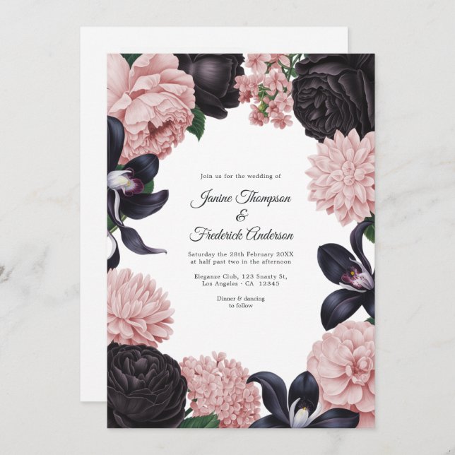 Invitación Black & Blush Photo/QR Code Floral Wedding (Anverso / Reverso)