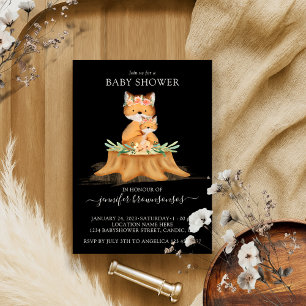 Invitación Black Boho Family Fox Mommy Baby Shower