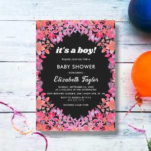 Invitación Black Boho Flores Country Floral Boy Baby Shower