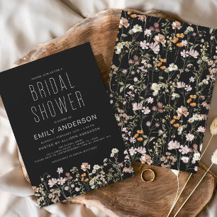 Invitación Black Boho Wildflower Bridal Shower Elegant