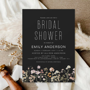 Invitación Black Boho Wildflower Bridal Shower Elegant