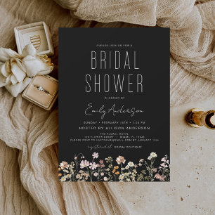 Invitación Black Boho Wildflower Bridal Shower Elegant