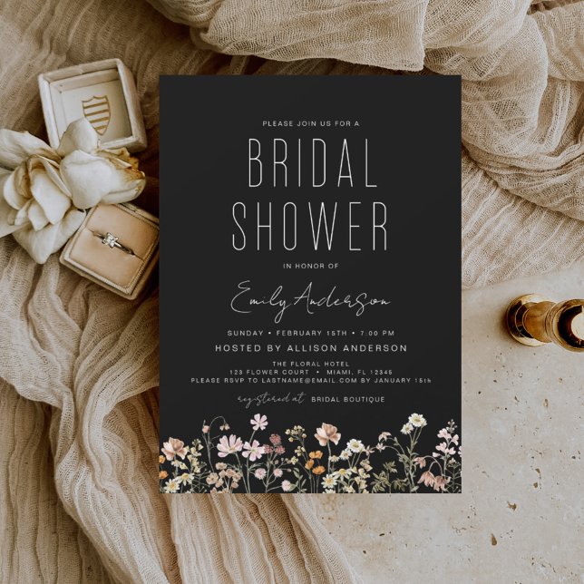 Invitación Black Boho Wildflower Bridal Shower Elegant (Subido por el creador)