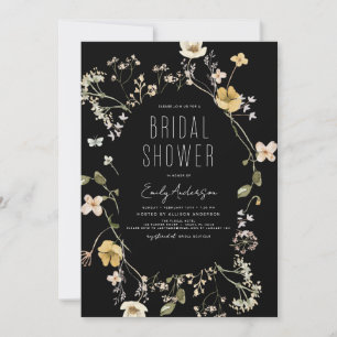 Invitación Black Boho Wildflower Bridal Shower Elegant