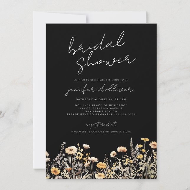 Invitación Black Boho Wildflower Elegante ducha de novia (Anverso)