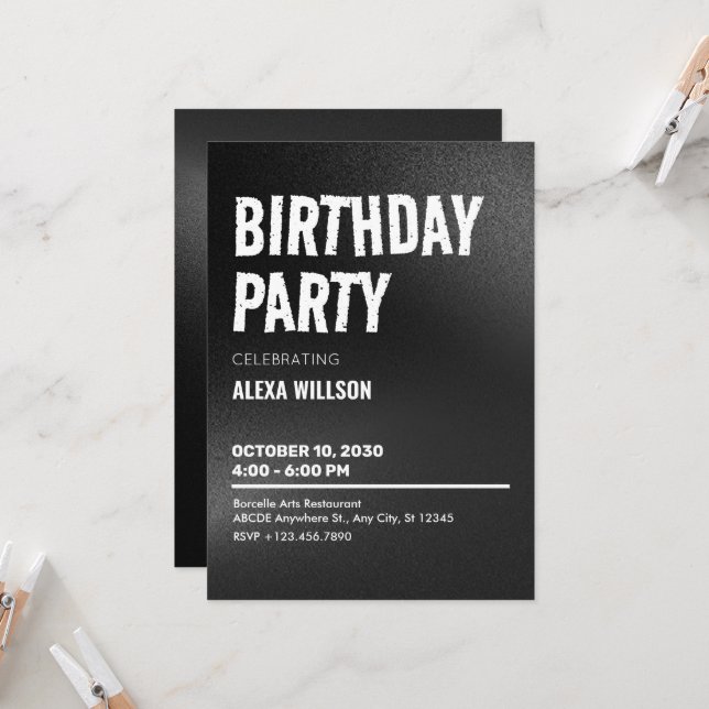 Invitación Black Bold Grunge Birthday (Anverso/Reverso In Situ)