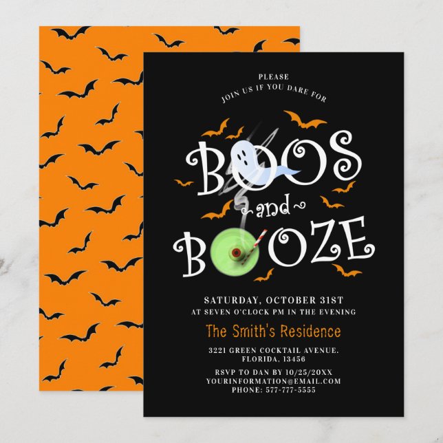 Invitación Black Boos & Booze Halloween Party (Anverso / Reverso)
