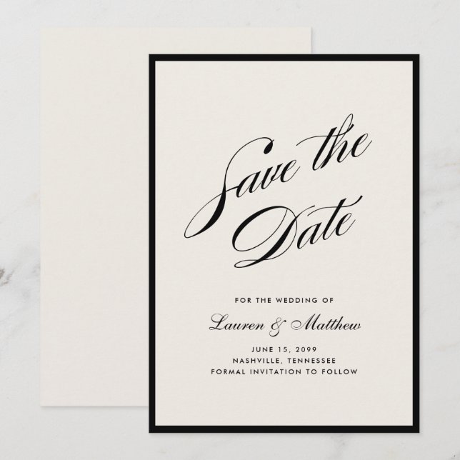 Invitación Black Border Ivory Modern Save the Date (Anverso / Reverso)