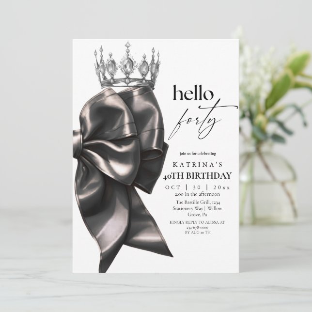 Invitación Black Bow 40th Birthday (Anverso de pie)