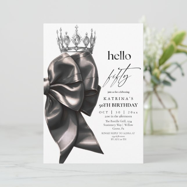 Invitación Black Bow 50th Birthday (Anverso de pie)