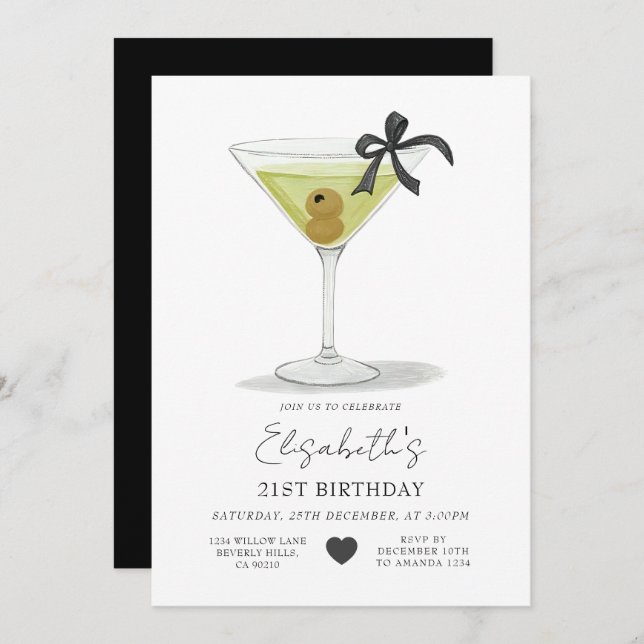Invitación Black Bow A tiny bit older Olive Martini Birthday (Anverso / Reverso)