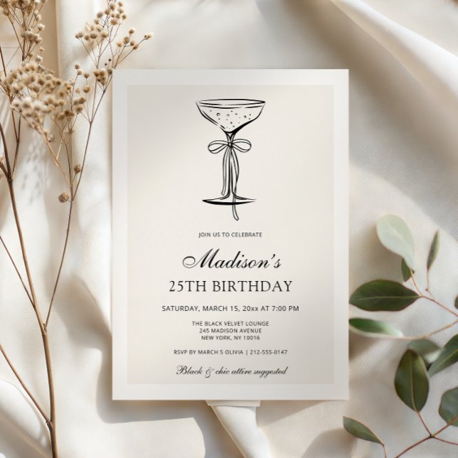Invitación Black Bow Champagne Coupe Birthday Invitation (Subido por el creador)