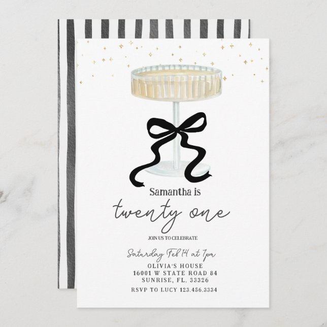 Invitación Black Bow Champagne Glass Party Invite (Anverso / Reverso)